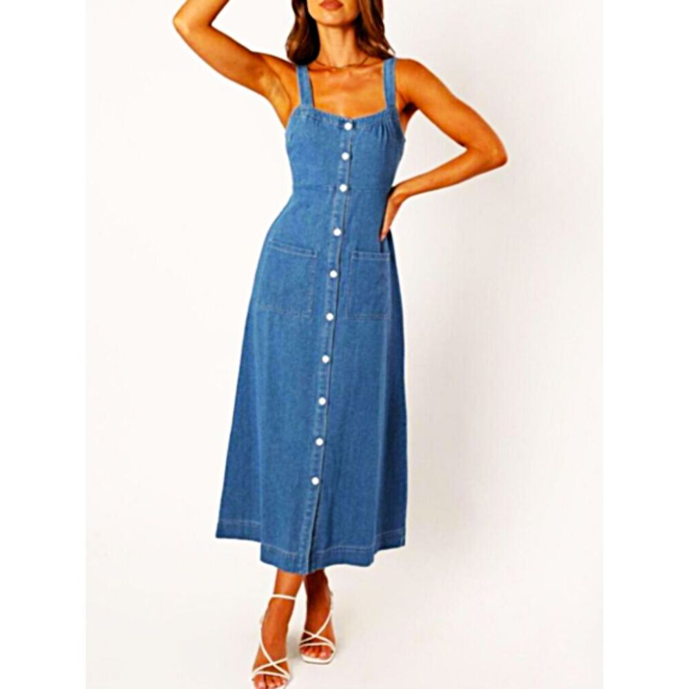 Petal and Pup Bettie Midi Blue Denim Dress Square Neck Smocked Back Pockets